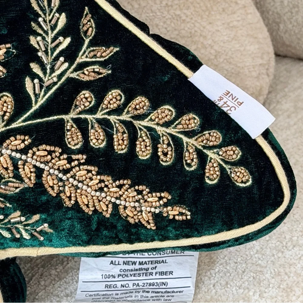 34th & Pine Elegant Embroidered Green Velvet Tree Pillow with Gold Accents